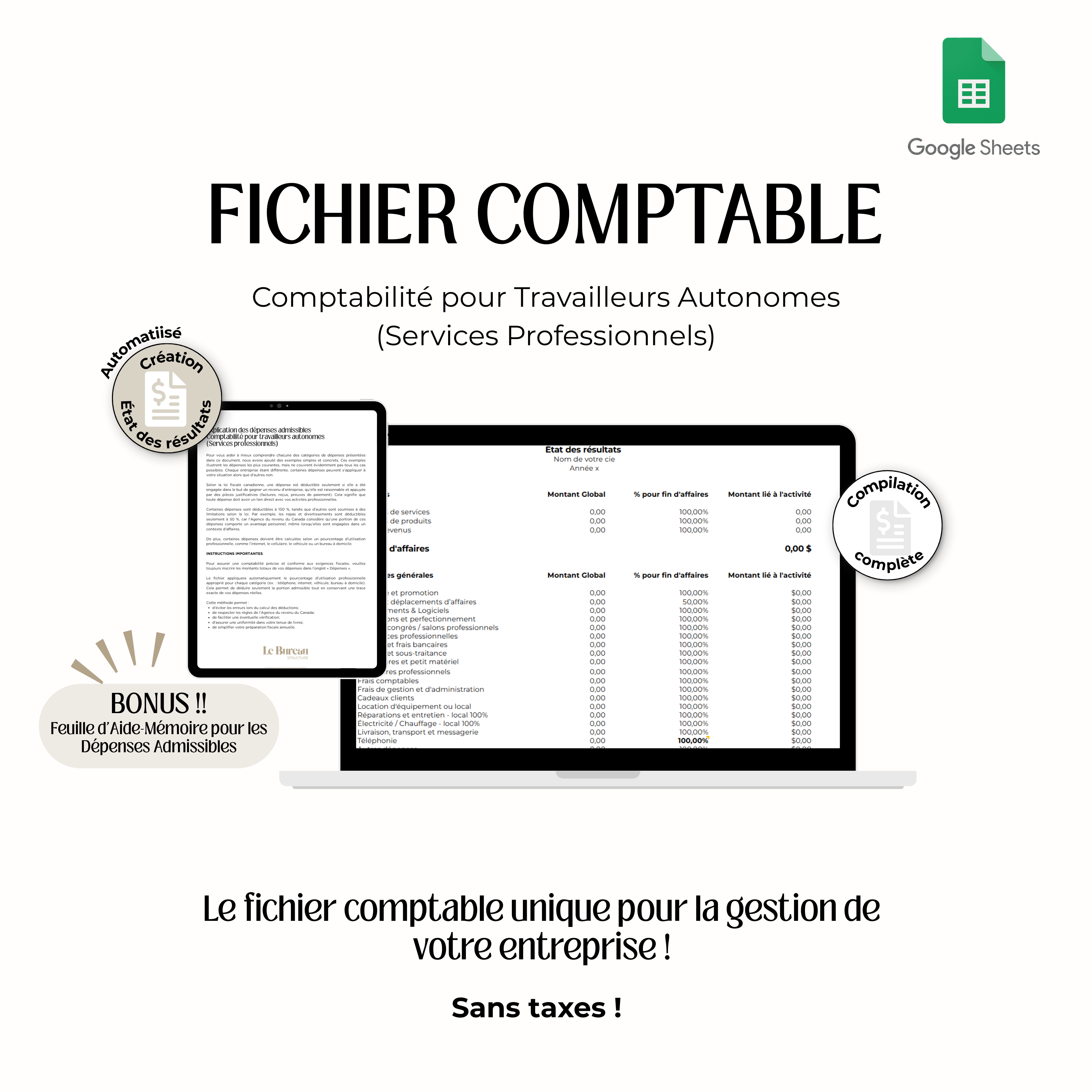 Google Sheets sans taxes – Comptabilité pour travailleurs autonomes (Services professionnels)