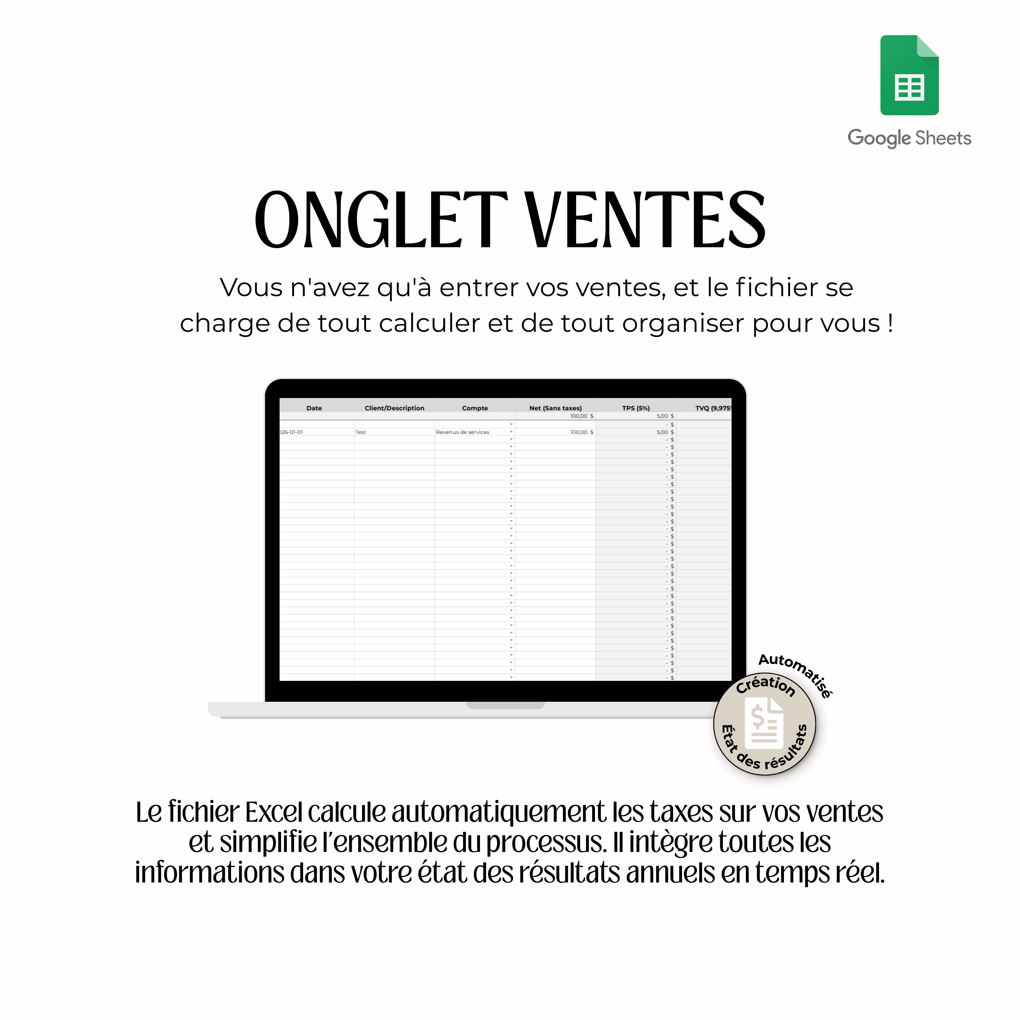 Google Sheets sans taxes – Comptabilité pour travailleurs autonomes (Services professionnels)