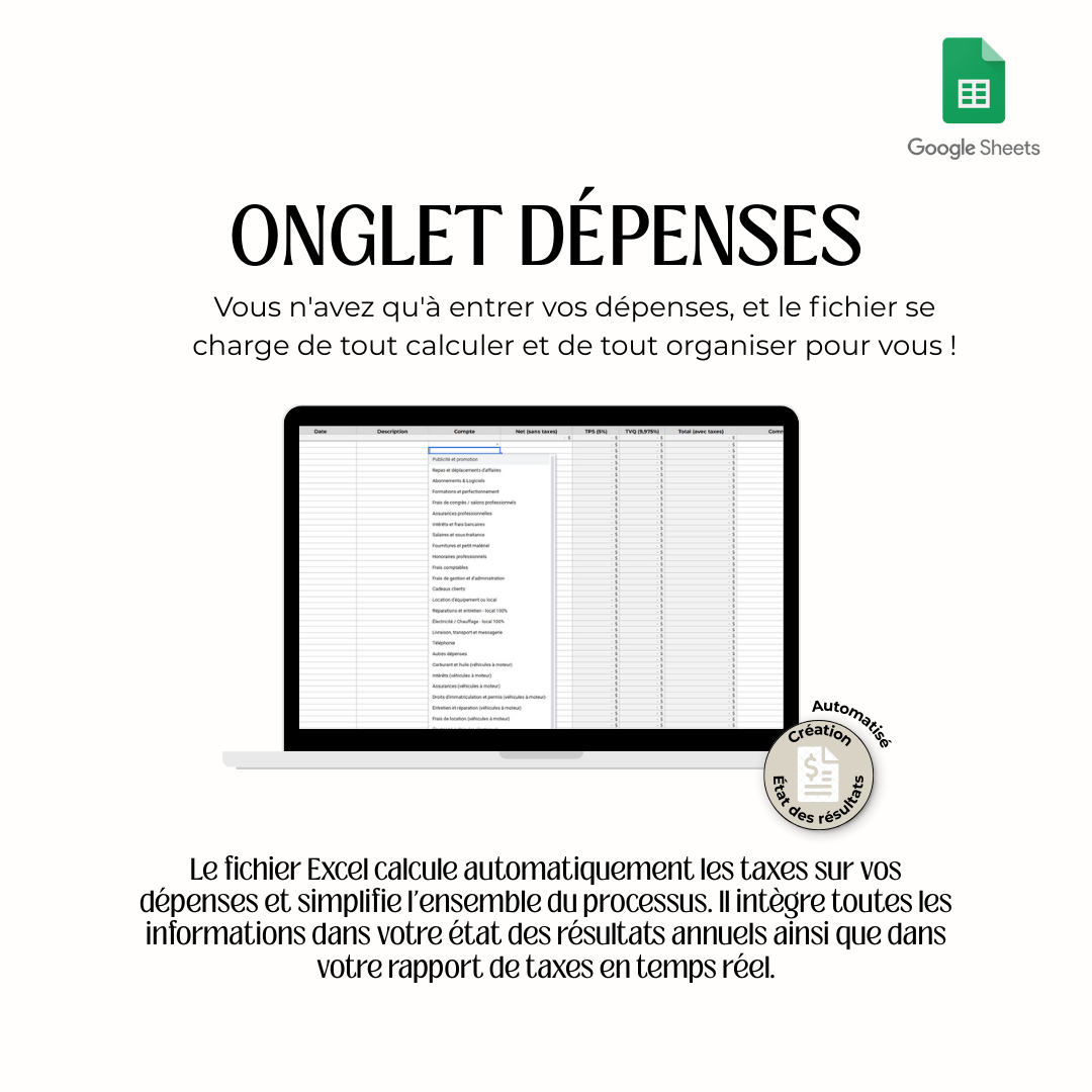 Google Sheets avec taxes – Comptabilité pour travailleurs autonomes (Services professionnels)