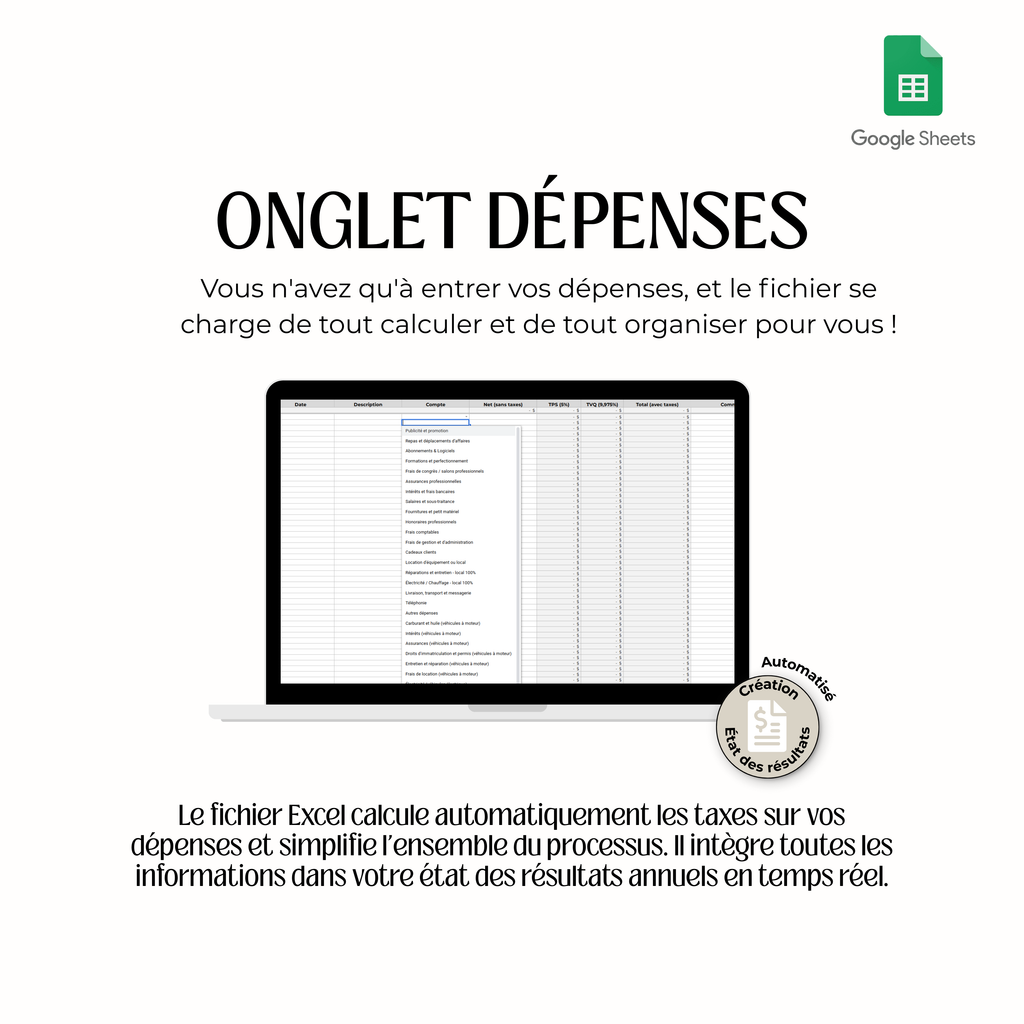 Google Sheets sans taxes – Comptabilité pour travailleurs autonomes (Services professionnels)