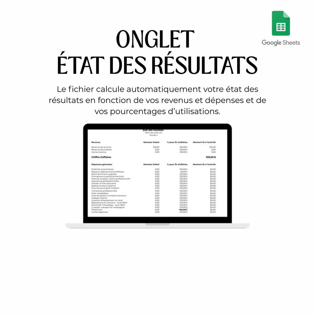 Google Sheets avec taxes – Comptabilité pour travailleurs autonomes (Services professionnels)